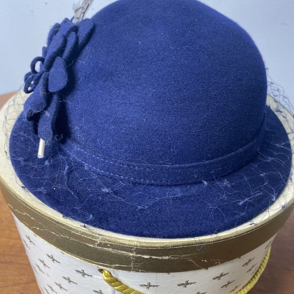 Vintage NOS Adolfo II NY Paris Hat Wool Blue  Felt Feather Netting Church New main image 7